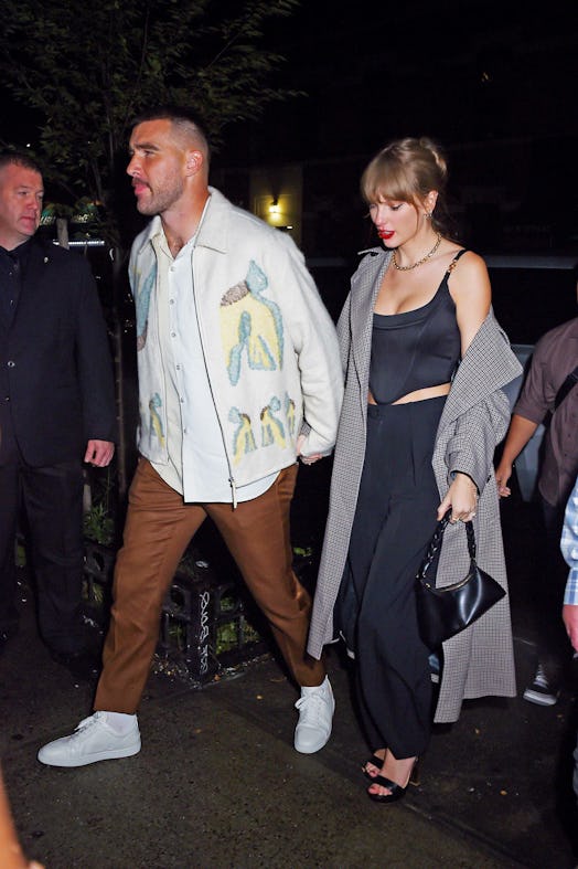 Travis Kelce and Taylor Swift are seen leaving the SNL after party on October 15, 2023 in New York, ...