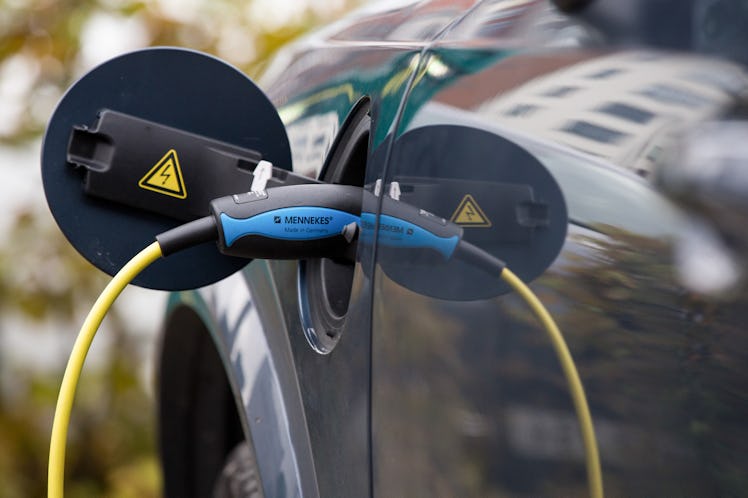 GOTHENBURG, LINDHOLMEN, SWEDEN - 2019/10/07: Electric vehicle connected to the charger seen in Lindh...