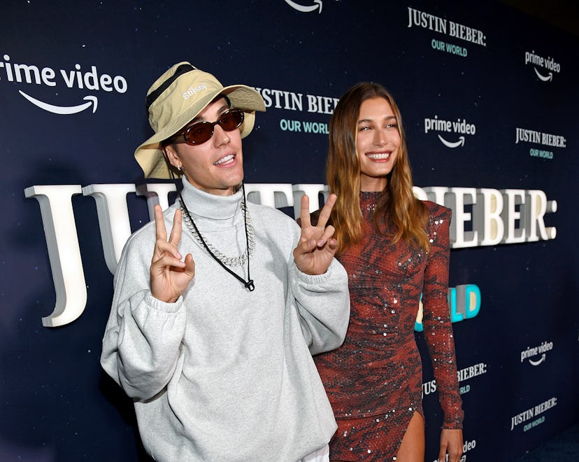 NEW YORK, NEW YORK - SEPTEMBER 14: Justin Bieber (L) and Hailey Bieber attend the Justin Bieber: Our...