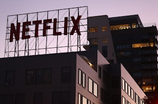 The Netflix logo is displayed at its corporate offices on September 25, 2023 in Los Angeles, Califor...