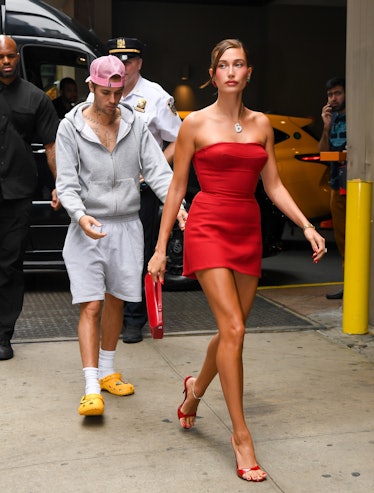 Justin Bieber and Hailey Bieber arrive at Krispy Kreme in Times Square on August 28, 2023 in New Yor...