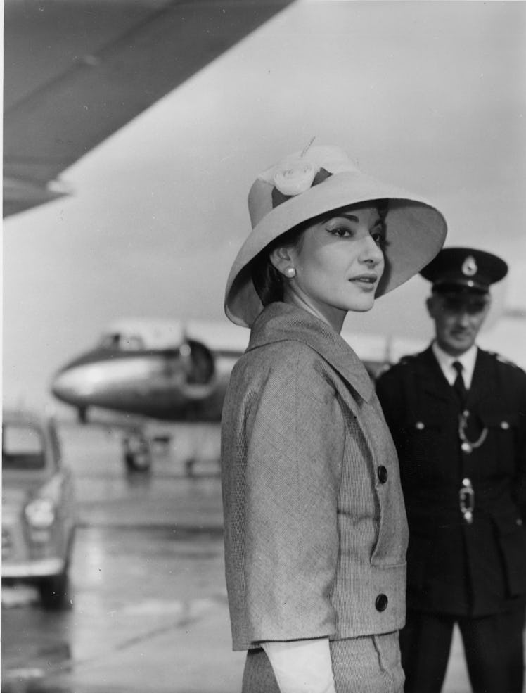 Maria Callas (1923 - 1977) at London Airport in 1958.