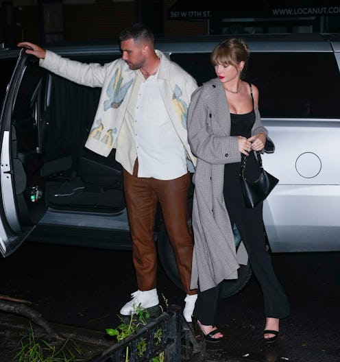 Travis Kelce and Taylor Swift arrive at SNL Afterparty on October 15, 2023 in New York City.