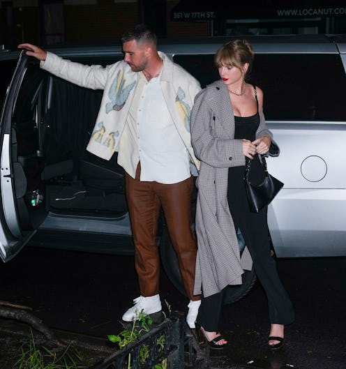Travis Kelce and Taylor Swift arrive at SNL Afterparty on October 15, 2023 in New York City. 