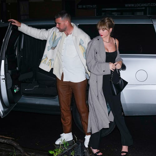 Travis Kelce and Taylor Swift arrive at SNL Afterparty on October 15, 2023 in New York City.