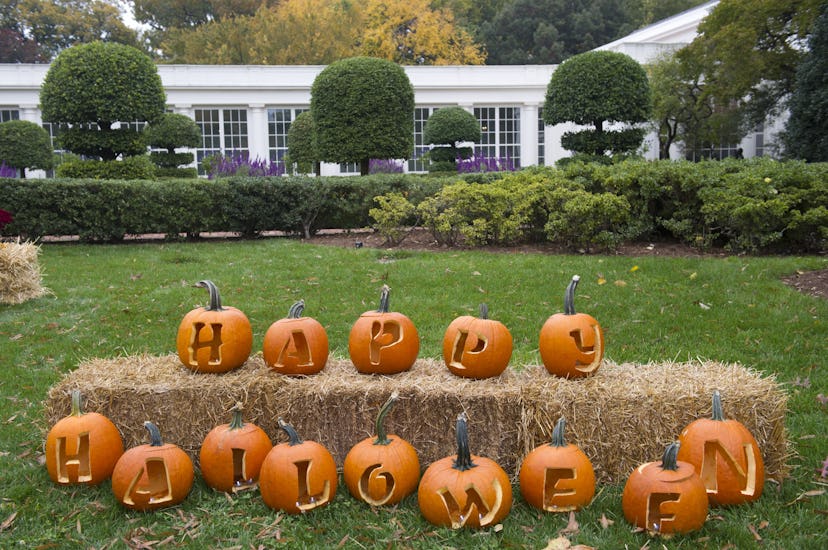 Pumpkin carvings spell out Happy Halloween near the Jacqueline Kennedy Garden prior to US President ...