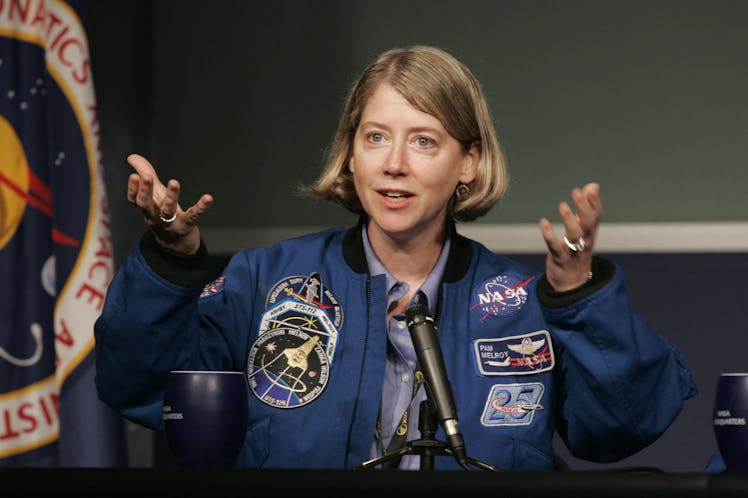 US space shuttle Commander Pam Melroy (L) speaks during a presentation of last November's STS-120 sp...