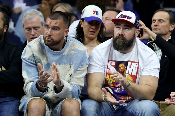 PHILADELPHIA, PENNSYLVANIA - MAY 11: (L-R) Travis Kelce of the Kansas City Chiefs and Jason Kelce of...