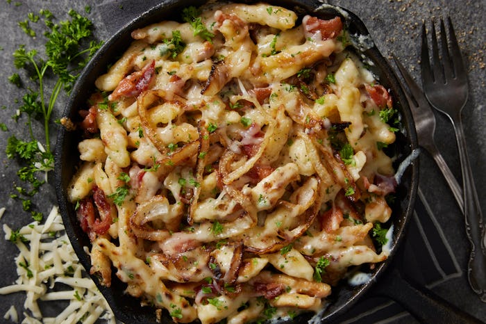 German Cheesy Fried Hand Made Spaetzle with Bacon and Emmental Cheese