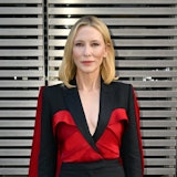 PARIS, FRANCE - SEPTEMBER 30: Cate Blanchett attends the Alexander McQueen SS24 show during Paris Fa...