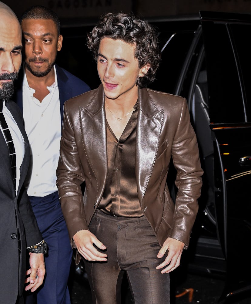 Timothée Chalamet arrives to a Chanel dinner to celebrate the new Bleu de Chanel campaign on Septemb...