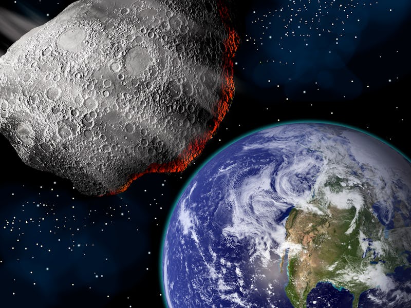 An artist's depiction of a large asteroid approaching Earth on a collision course. The size of the a...