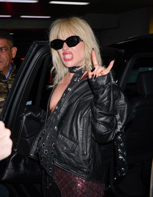 Lady Gaga rocked shaggy bangs & black nails on October 19, 2023 in New York City.