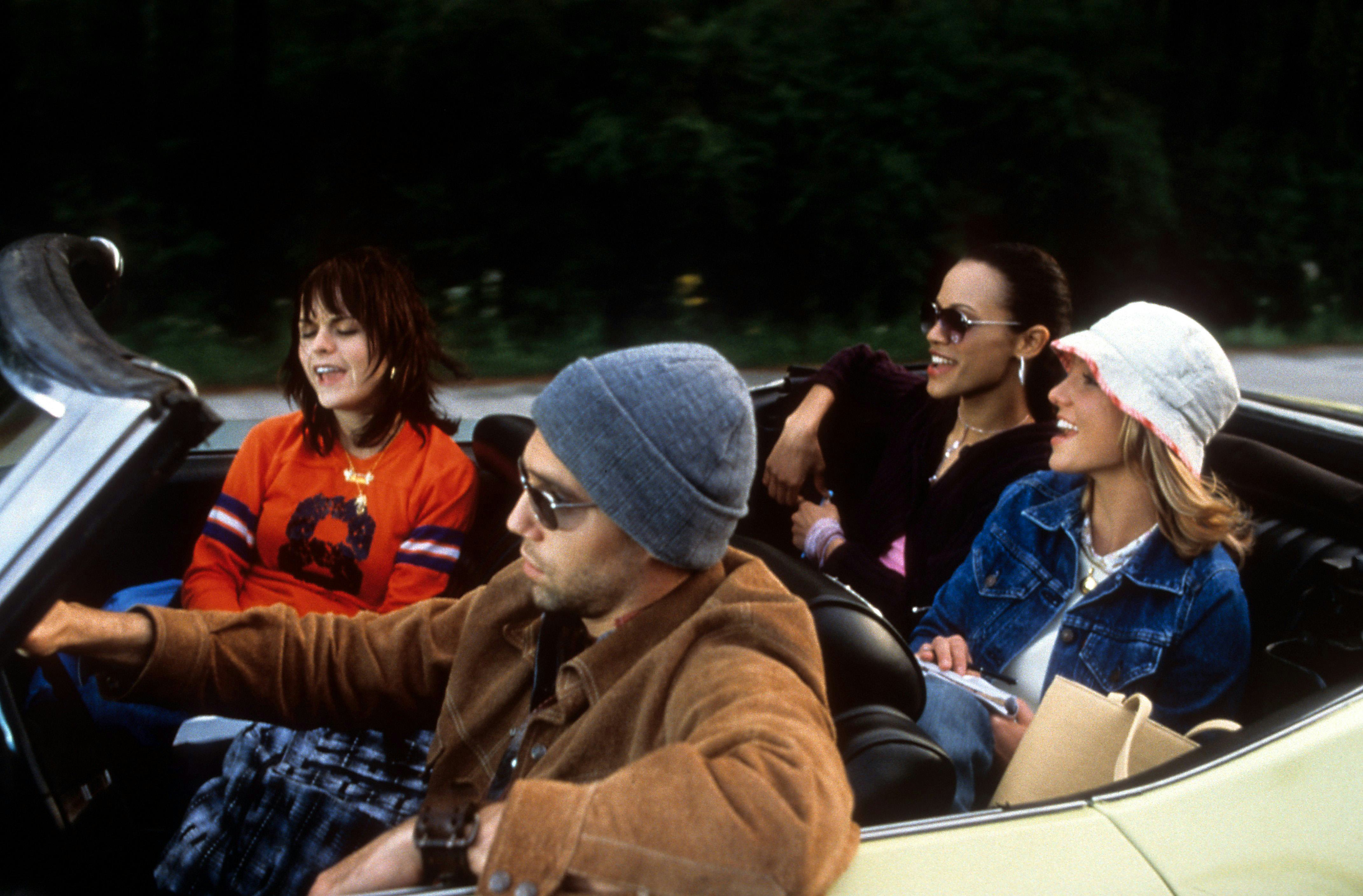 Taryn Manning, Anson Mount, Zoe Saldana, and Britney Spears driving in car in a scene from the film &hellip;