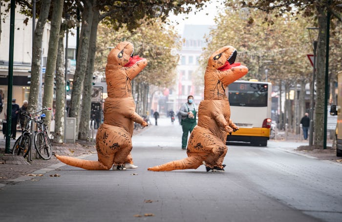 dpatop - 11 November 2020, Rhineland-Palatinate, Mainz: Two carnivalists in inflatable dinosaur cost...