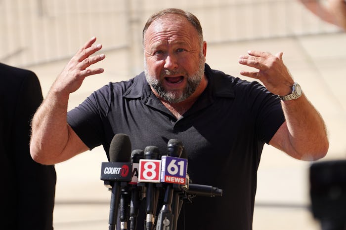 WATERBURY, CONNECTICUT - SEPTEMBER 21: InfoWars founder Alex Jones speaks to the media outside Water...