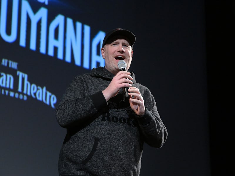 LOS ANGELES, CALIFORNIA - FEBRUARY 17: Marvel Studios President Kevin Feige addresses the crowd at t...