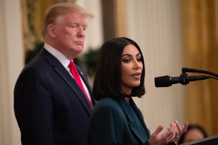 Kim Kardashian speaks alongside US President Donald Trump during a second chance hiring and criminal...