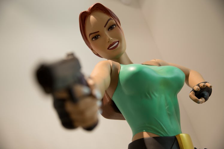 Lara Croft stands on display in the Tomb Raider exhibition at the computer game museum in Berlin.