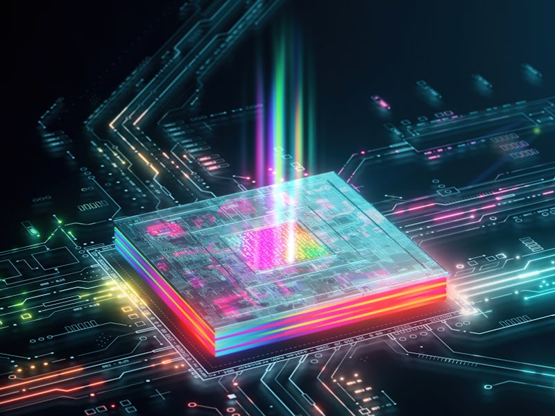 Futuristic CPU processing data and commands. Vibrant WEB3 colours. Future technology background with...