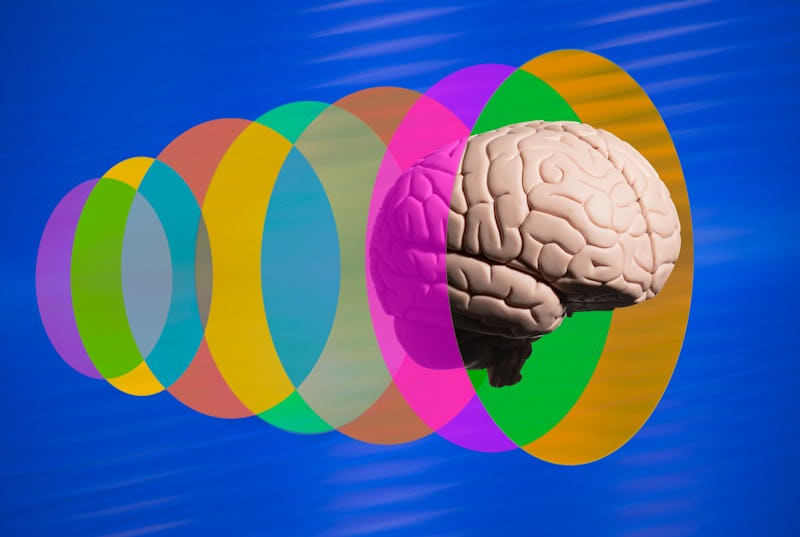Human brain going through translucent multi colored discs blue background