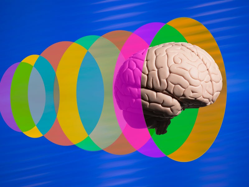 Human brain going through translucent multi colored discs blue background