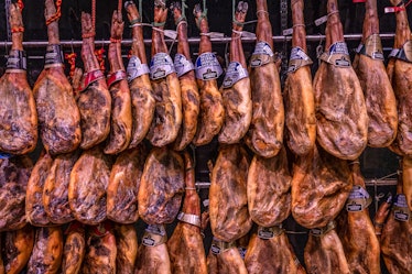 Legs of Iberico ham at a Mercadona SA supermarket in Barcelona, Spain, on Thursday, Sept. 14, 2023. ...