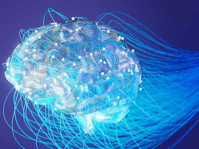Digitally generated image of glass brain connected with neon cable. Bridging the Gap: Neuroscience, ...