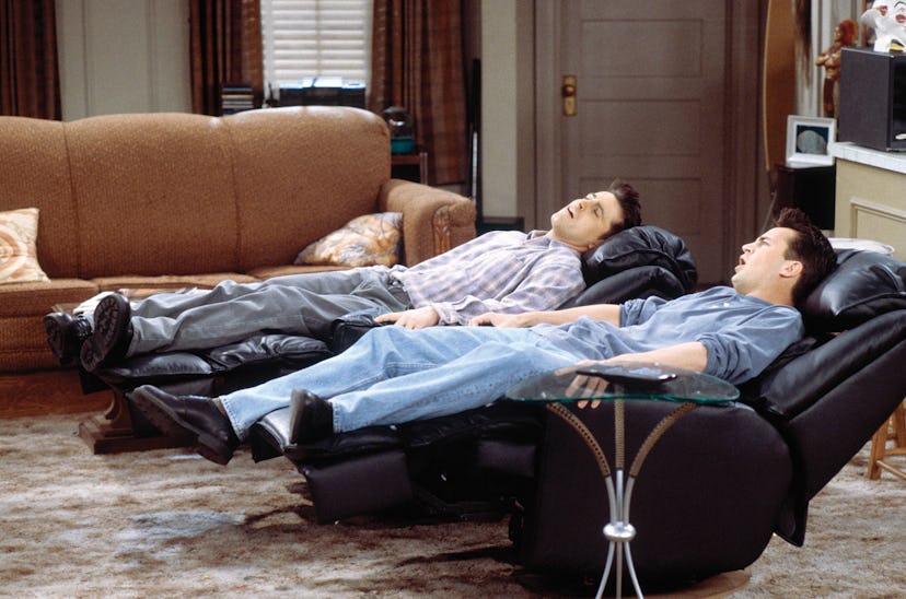 Matt LeBlanc as Joey Tribbiani and Matthew Perry as Chandler Bing in recliners on 'Friends'