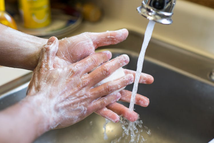 Closeup of an anonymous person's hands washing up in the sink with a bar of soap and water from the ...