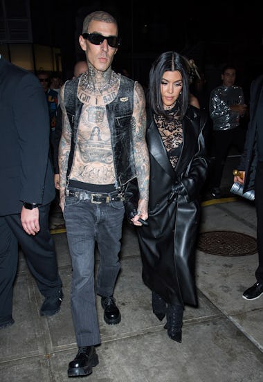 NEW YORK, NEW YORK - SEPTEMBER 13: Travis Barker and Kourtney Kardashian are seen leaving the Boohoo...