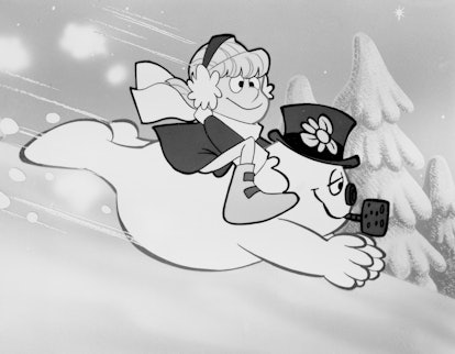 Still from the animated television Christmas special, "Frosty The Snowman," depicting Karen riding o...
