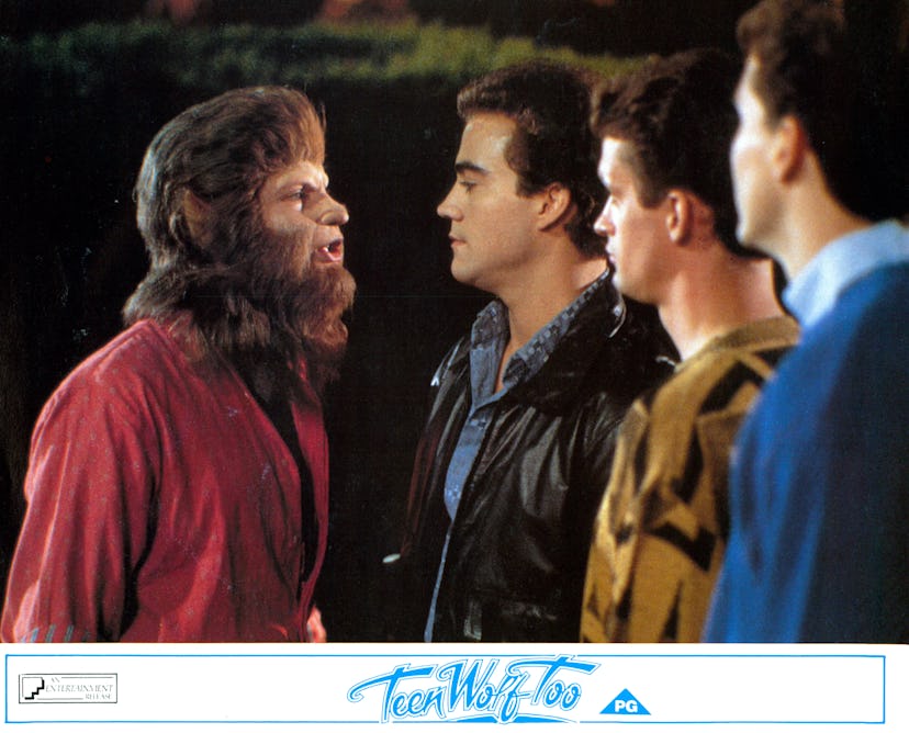 Jason Bateman stands up to a group of guys in a scene from the film 'Teen Wolf Too', 1987. (Photo by...