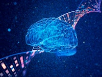 Binary brain and genomic DNA on a dark blue particle background.