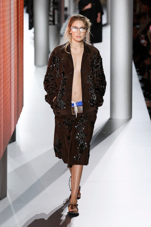 Gigi Hadid walks the runway during the Miu Miu Womenswear Spring/Summer 2024 show as part of Paris F...