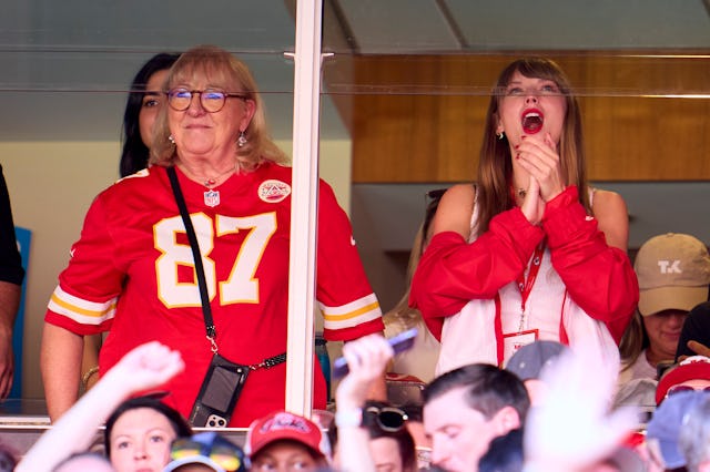 Taylor Swift cheers from a suite with Donna Kelce as the Kansas City Chiefs play the Chicago Bears d...