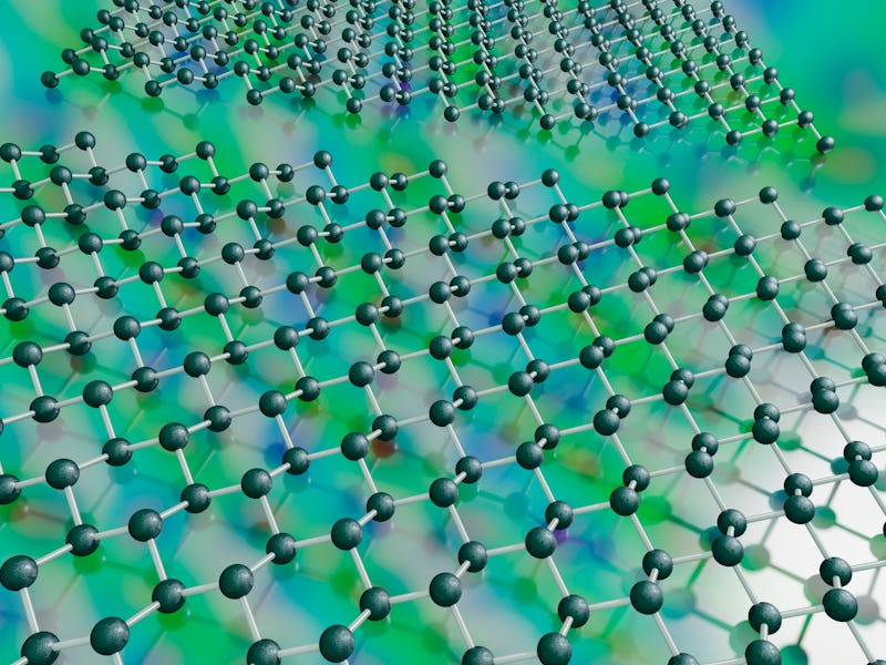 Molecular model of a sheet of stanene showing the low buckled structure that is predicted from densi...