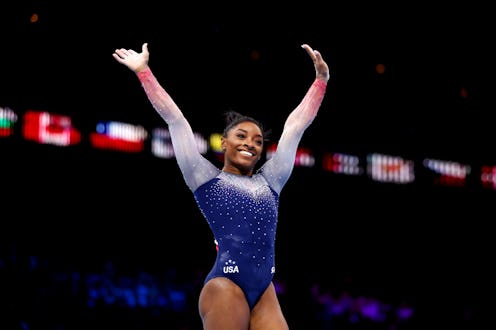 ANTWERP, BELGIUM - OCTOBER 04: Simone Biles of Team United States celebrates after her routine on Fl...