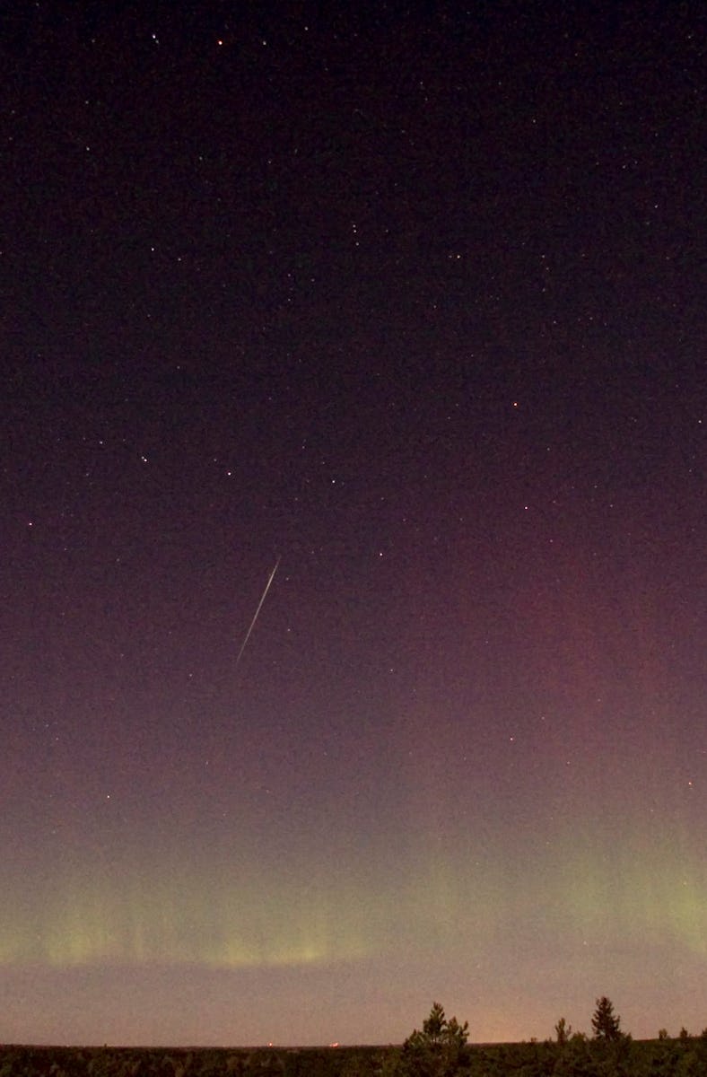 TOPSHOT - View of a shooting star (Draconid) and northern light near Skekarsbo at the Farnebofjarden...