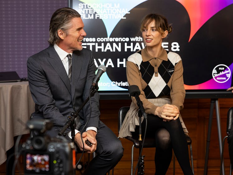 Ethan Hawke and Maya Hawke participate in a press conference to present "Wildcat" during the Stockho...