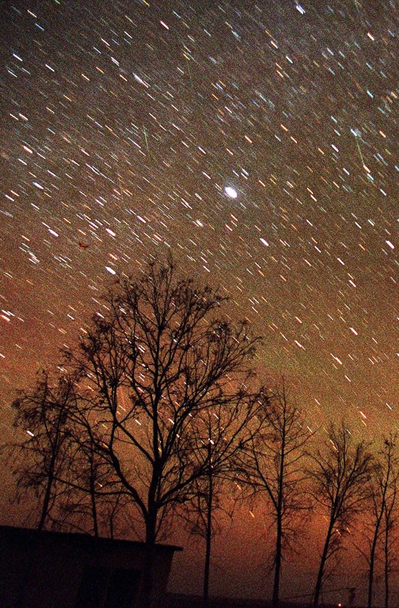 Photo dated 18 November 1999 shows a Leonid meteor storm over the Azrak desert, 90km east of Amman. ...