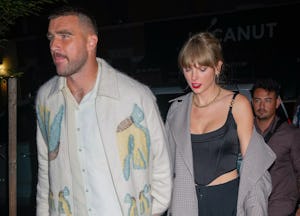 NEW YORK, NY - OCTOBER 15: Travis Kelce and Taylor Swift are seen leaving the SNL after party on Oct...