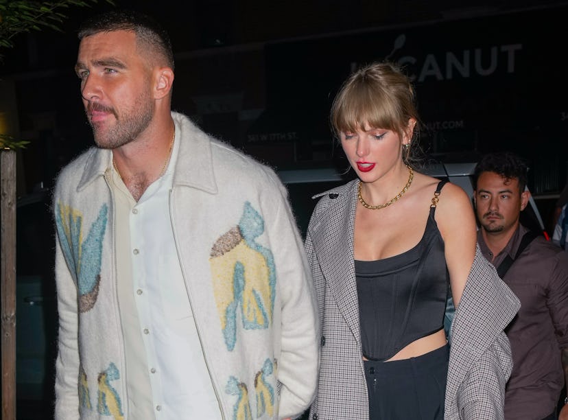 NEW YORK, NY - OCTOBER 15: Travis Kelce and Taylor Swift are seen leaving the SNL after party on Oct...