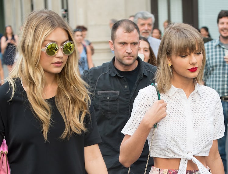Gigi Hadid (L) and musician Taylor Swift seen on the streets of Manhattan on May 29, 2015 in New Yor...
