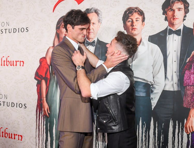 Jacob Elordi and Barry Keoghan at the premiere of "Saltburn" held at The Theatre at Ace Hotel on Nov...