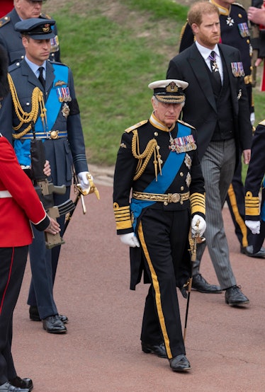 King Charles III with Prince William, Prince of Wales and Prince Harry, Duke of Sussex at Windsor Ca...