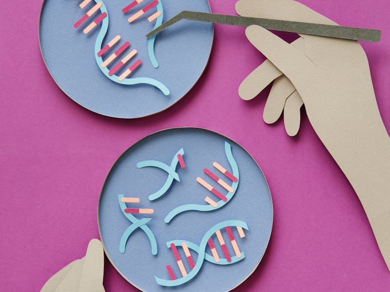Conceptual paper illustration of human hands and DNA in a lab.