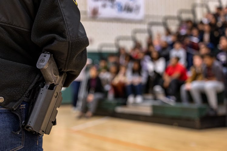 STAMFORD, CONNECTICUT - OCTOBER 24: Eighth grade students listen to a police lecture on internet saf...