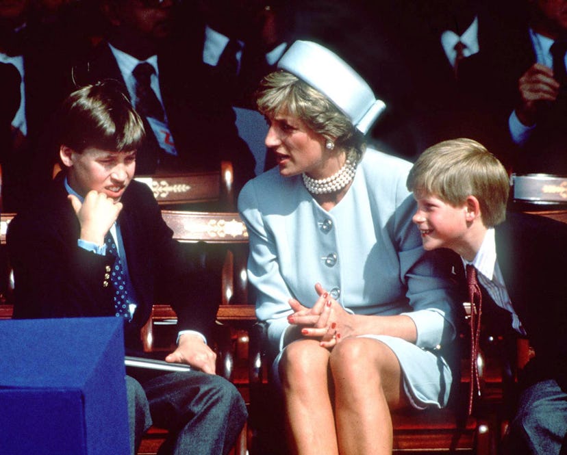 Princess Diana (1961 - 1997) with her sons Prince William and Prince Harry at the V.E Day commemorat...