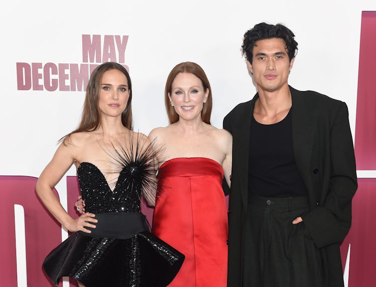 Natalie Portman, Julianne Moore and Charles Melton at the Los Angeles Premiere of May December at Th...